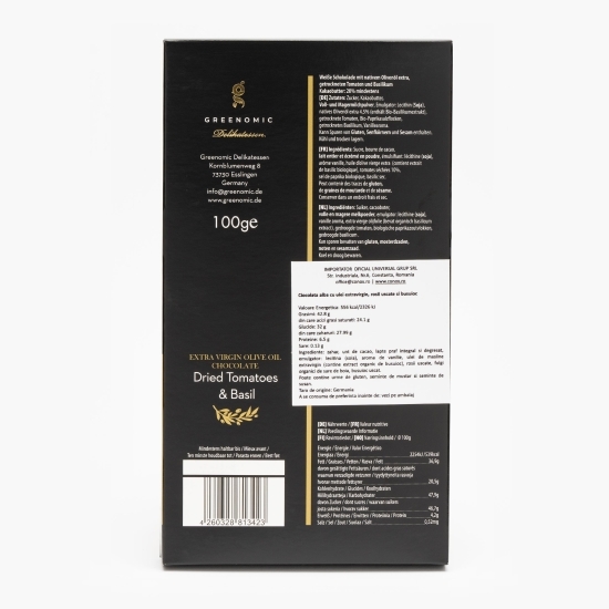Ciocolată albă cu ulei extravirgin, roșii uscate și busuioc 100g