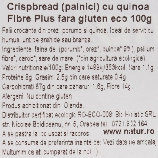 Pâine crocantă eco Quinoa Fibre Plus, fără gluten 100g