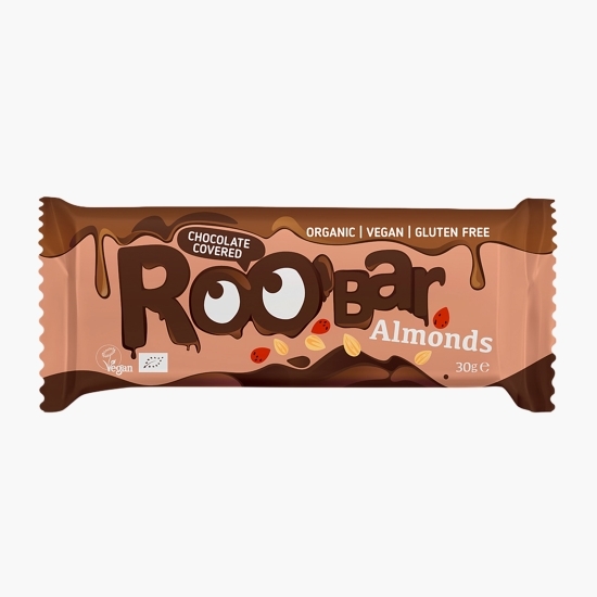 Baton eco cu migdale, învelit în ciocolată, vegan, fără gluten 30g