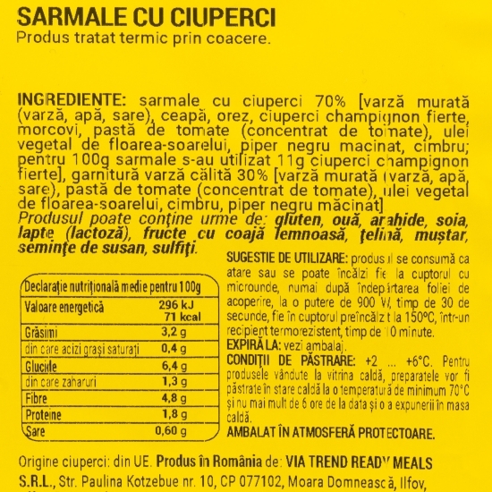 Sarmale de post cu ciuperci 500g