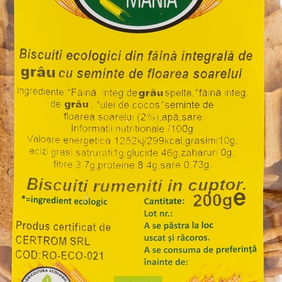 Biscuiți ecologici integrali cu semințe de floarea-soarelui 200g