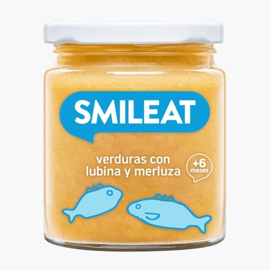 Piure eco de legume cu merluciu, biban și ulei măsline, +6luni, 230g