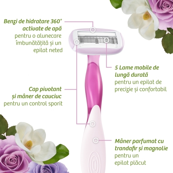 Aparat de ras pentru femei Soleil Escape cu 5 lame, Trandafir & Magnolie, 2 buc