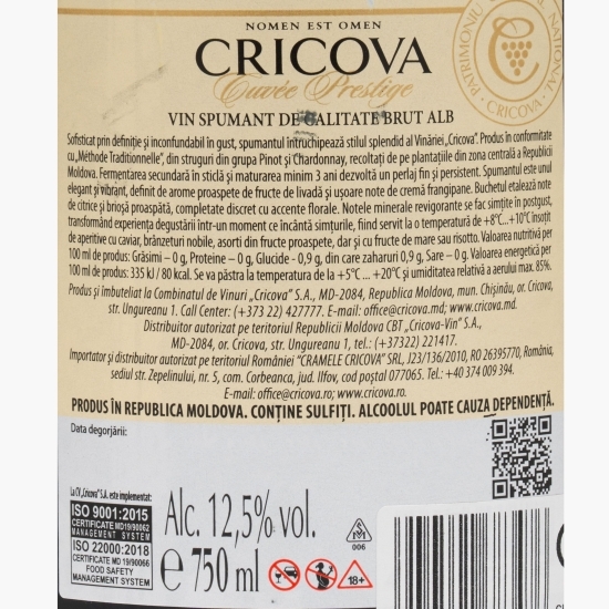 Vin spumant alb brut Cuvée Prestige, 12.5%, 0.75l
