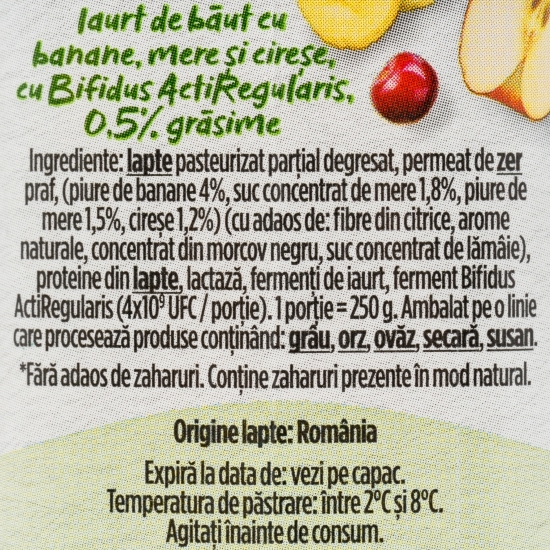 Pachet iaurt de băut, fără zahăr adăugat, cu banane, piersici și ananas/ banane, mere și cireșe 3x250g