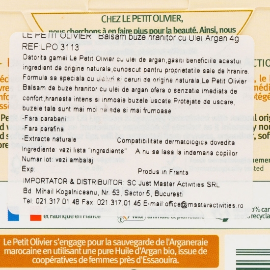 Balsam de buze hidratant și reparator cu ulei de argan 4g