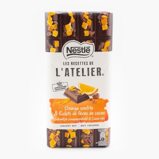 Ciocolată neagră cu portocală confiată și boabe de cacao 170g