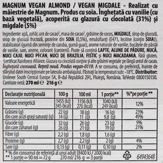Înghețată vegană de vanilie, cu glazură de ciocolată și migdale, 3x90ml (3x72g)