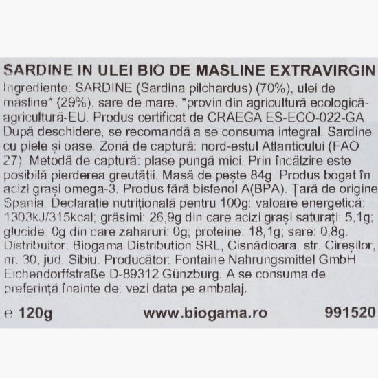 Sardine întregi în ulei de măsline eco 120g