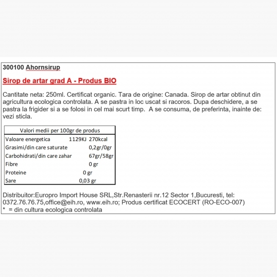 Sirop de arțar grad A eco 0.25l