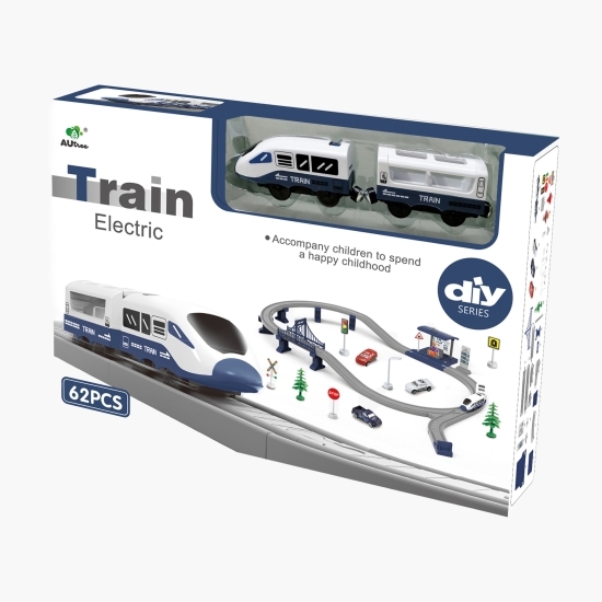 Circuit tren electric cu lumini și sunete City Rail cu accesorii, 62 piese, albastru
