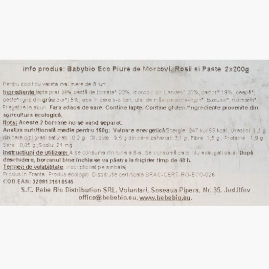 Piure eco de morcovi, roșii și paste, 8+ luni, 2x200g