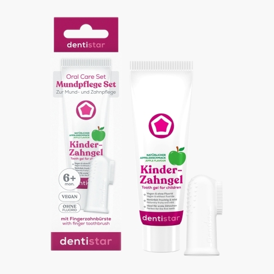 Set pastă de dinți pentru copii fără fluor bio 30ml + degetar moale din silicon, +3 luni 
