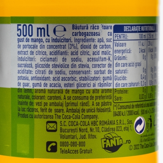 Băutură carbogazoasă mango zero zahăr 0.5l
