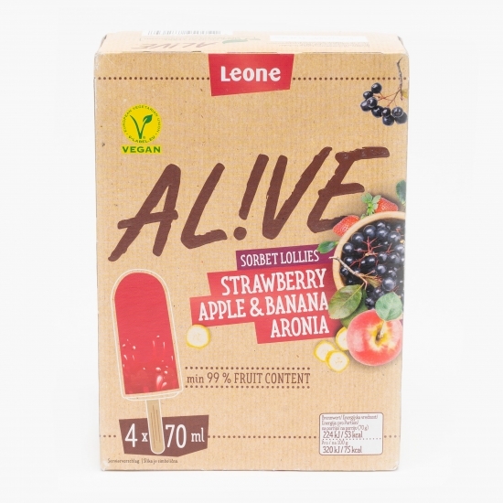 Sorbet pe băț cu aromă de căpșuni, banane, mere și aronia 4x70g