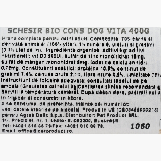 Hrană umedă eco pentru câini, 400g, cu vită
