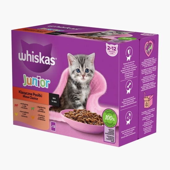 Hrană umedă pentru pisici junior, 12x85g, Mese Clasice în sos cu vită, pui, miel și pasăre