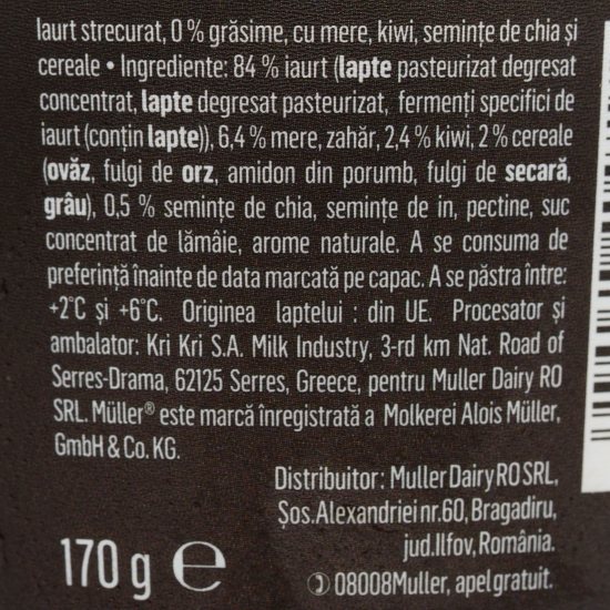 Iaurt Protein + cu mere, kiwi, chia și cereale, 0% grăsimi, 170g