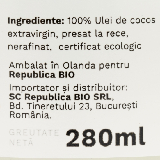 Ulei de cocos ecologic extravirgin, presat la rece 280ml