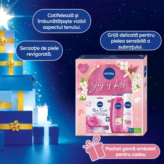 Set cadou: Mască șervețel Rose 1 buc  + Gel de duș Joy of Life 250ml+ Deodorant spray feminin Rose Touch 150ml