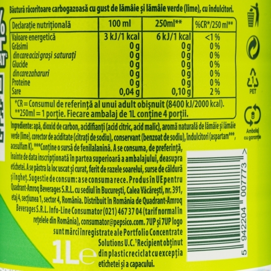 Băutură carbogazoasă de lămâie și lime, zero zahăr 1l