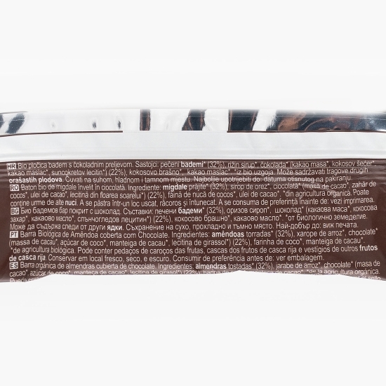 Baton eco cu migdale, învelit în ciocolată, vegan, fără gluten 30g