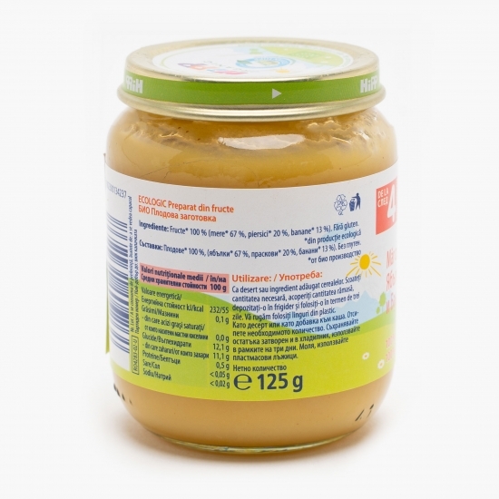 Piure ecologic măr, piersică și banană, +4 luni, 125g
