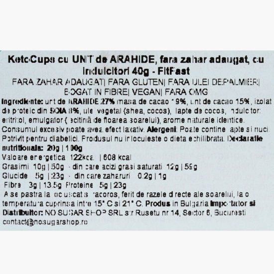 Cupe de ciocolată vegană, cu unt de arahide, fără zahăr și fără gluten, KetoCups, 2x20g