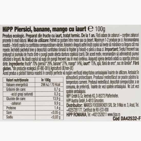Piure ECO de piersici, banane, mango și iaurt, +1 an, 100g