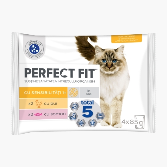 Hrană umedă pentru pisici sensibile adulte 4 x 85g, cu pui și somon în sos