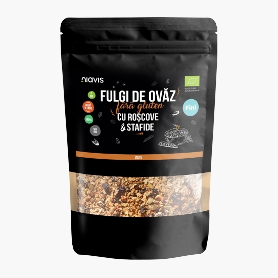 Fulgi de ovăz fini eco, fără gluten cu roșcove și stafide 200g