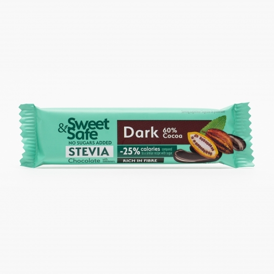 Ciocolată amăruie cu 60% cacao, fără zahăr și îndulcitor stevie 25g