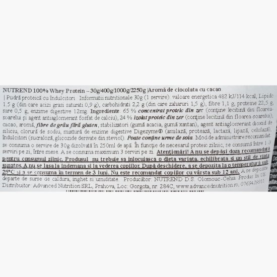 Proteine din zer 100% Whey Protein, aromă de ciocolată și cacao, 400g