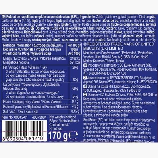 Rulouri de napolitane umplute cu cremă de alune Wafer rolls, 170g