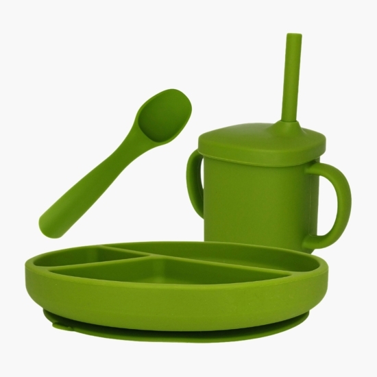 Set diversificare din silicon: farfurie rotundă compartimentată + linguriță + cană, verde