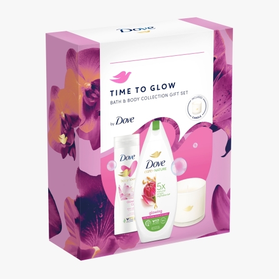 Set cadou: gel de duș Glowing 225ml + loțiune de corp Glowing Care 250ml + lumânare parfumată