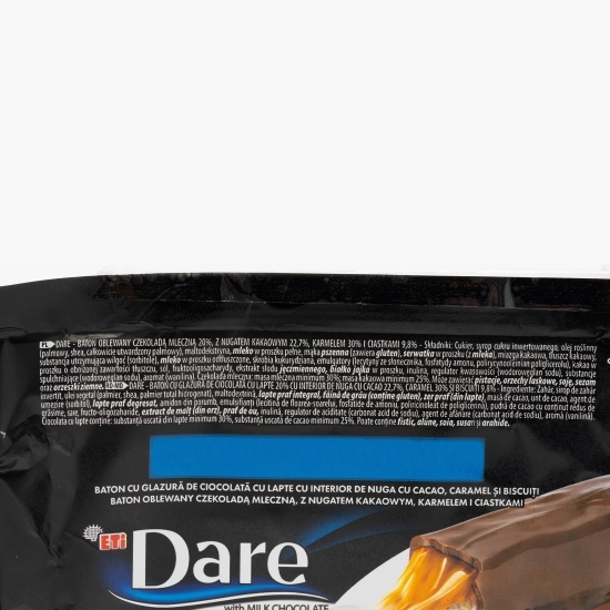 Baton cu glazură de ciocolată cu lapte și interior de nuga cu cacao, caramel și biscuiți 40g