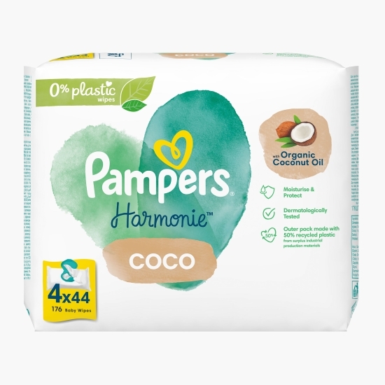 Șervețele umede Harmonie Coco, 4 pachete x 44, 176 buc, 0% plastic
