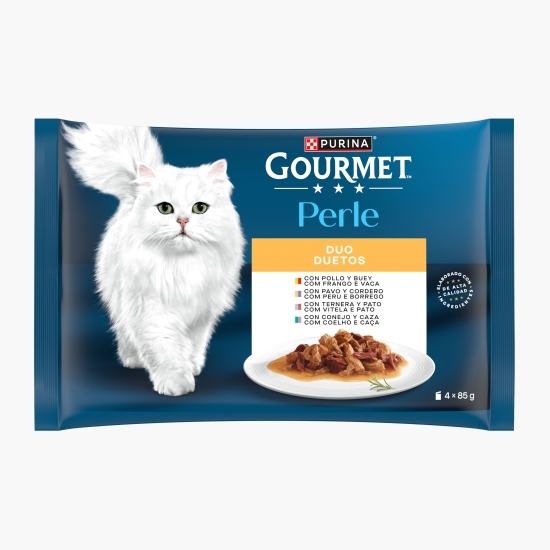 Hrană umedă pentru pisici, 4x85g, multipack Duet cu pui & vită/curcan & miel/vițel & rată/iepure & vânat în sos