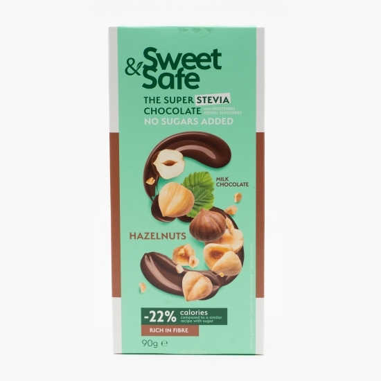 Ciocolată cu lapte, alune de pădure, fără zahăr și îndulcitor stevie 90g