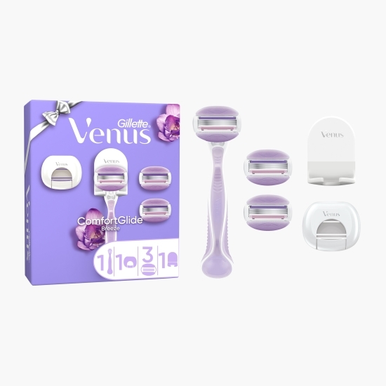 Aparat de ras Venus ComfortGlide Breeze (mâner + 3 rezerve + capac de protecție + suport pentru duș)