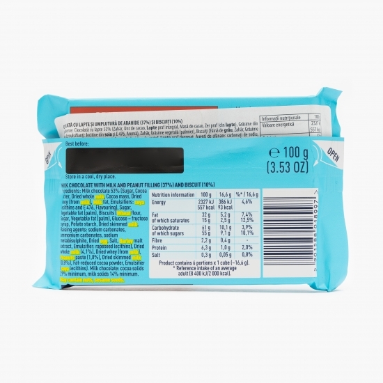 Ciocolată cu biscuit și cremă de lapte cu arahide 100g