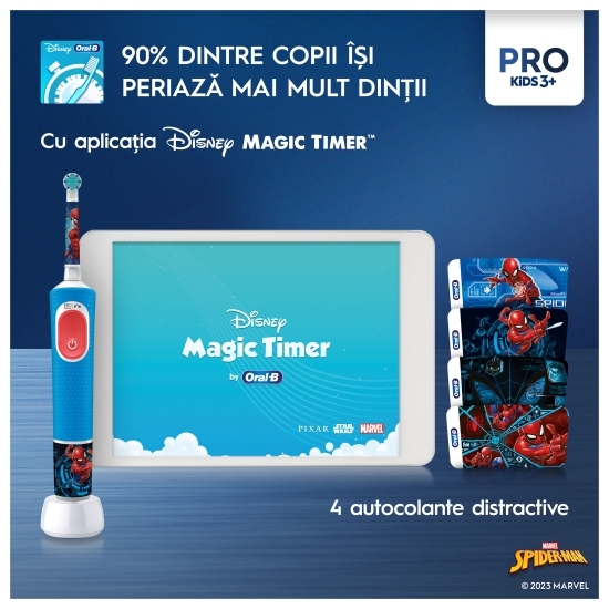 Periuță de dinți electrică pentru copii Pro Kids Spiderman, albastru + 1 capăt + 4 autocolante, 3+ ani