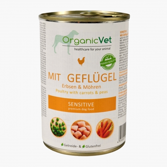 Hrană umedă pentru câini Sensitive, 400g, pui, mazăre și morcov