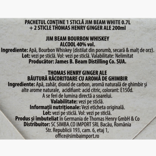 Pachet: Bourbon Whiskey White, 40%, USA, 0.7l + 2 x Ginger Ale 0.2l + cutie