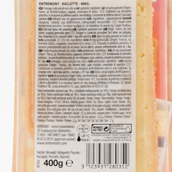 Brânză presată negătită Raclette min. 48% grăsime 400g