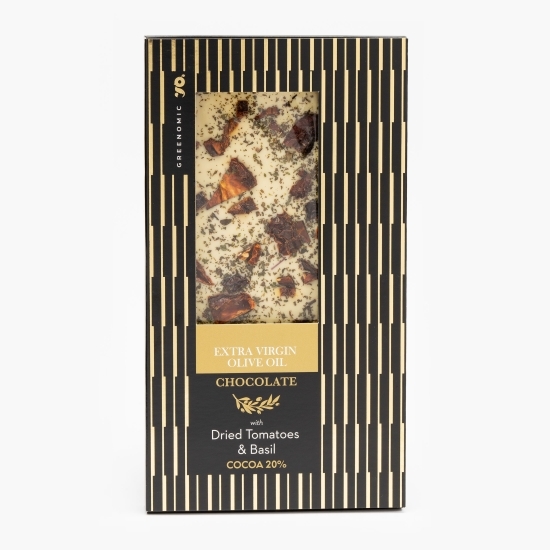 Ciocolată albă cu ulei extravirgin, roșii uscate și busuioc 100g