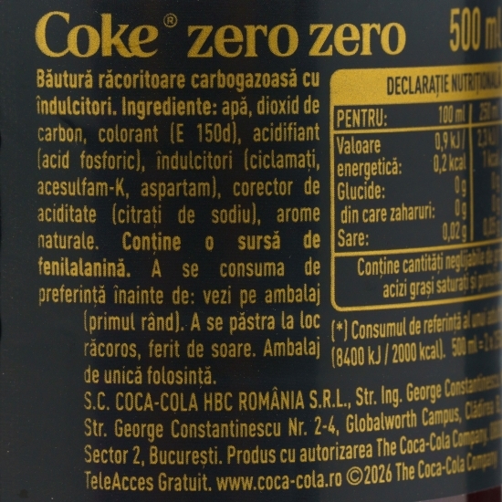 Băutură carbogazoasă cu gust de cola, fără cofeină, zero zahăr, 500ml