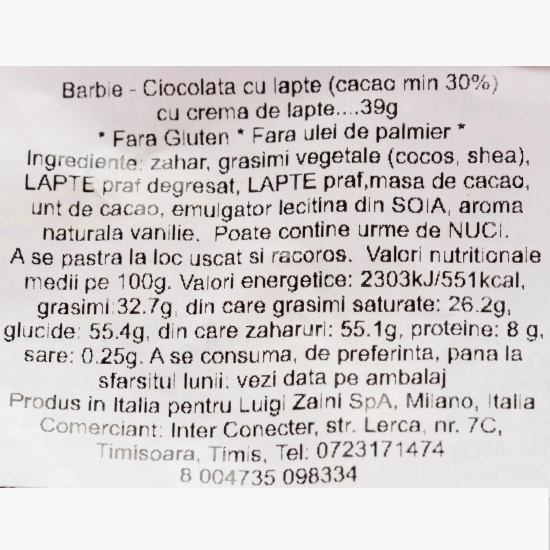 Praline de ciocolată cu lapte cu umplutură de cremă de lapte Mini Creamy Barbie, cu surpriză 39g