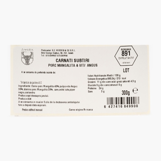 Cârnați subțiri de porc Mangaliță şi vită Angus 300g 